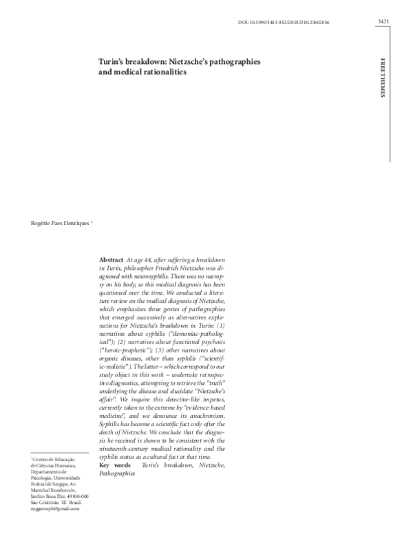 (PDF) Turin's breakdown: Nietzsche's pathographies and medical ...