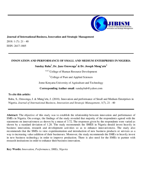 (PDF) INNOVATION AND PERFORMANCE OF SMALL AND MEDIUM ENTERPRISES IN NIGERIA