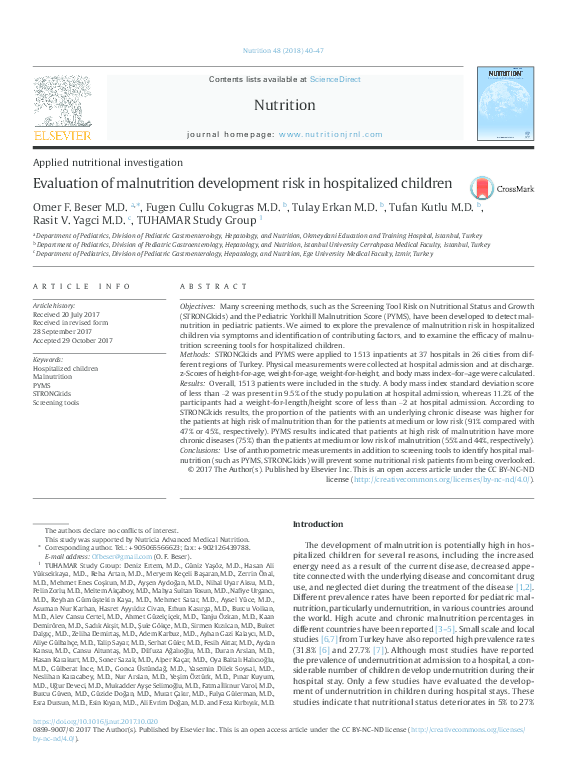 (PDF) Evaluation of malnutrition development risk in hospitalized children