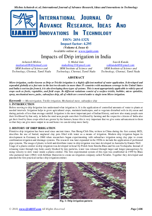 (PDF) Impacts of Drip irrigation in India Ijariit Journal and