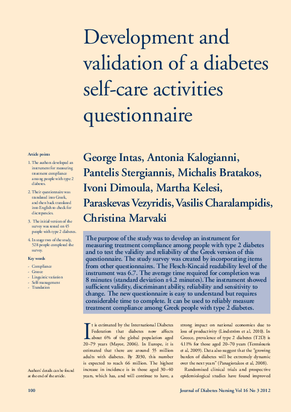(PDF) Development and validation of a diabetes selfcare activities