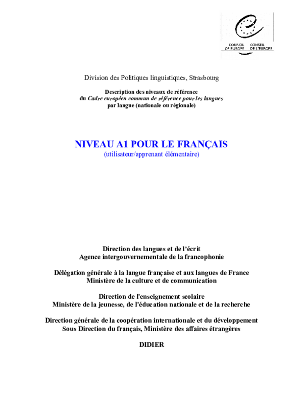 Doc Niveau A1 Pour Le Francais Introduction Jean Claude Beacco Academia Edu