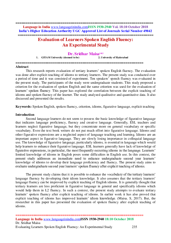 (PDF) Evaluation of Learners Spoken English Fluency: An Experimental Study