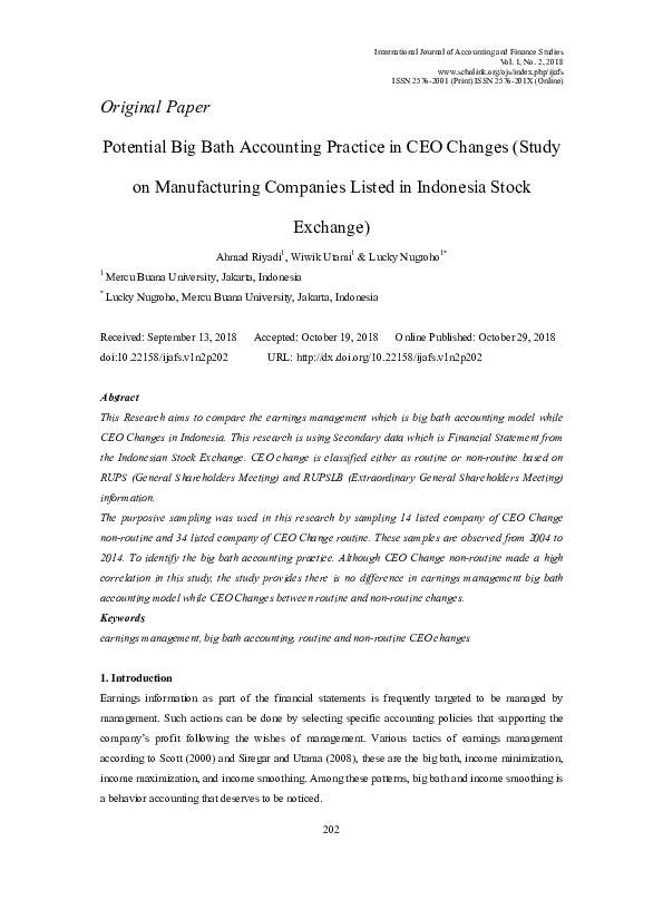 (PDF) Potential Big Bath Accounting Practice in CEO Changes (Study on