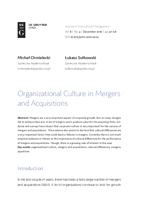 (PDF) Organizational Culture in Mergers and Acquisitions, [w:] Journal ...