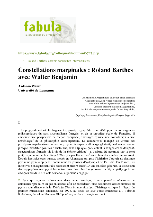 (PDF) Constellations marginales : Roland Barthes avec Walter Benjamin