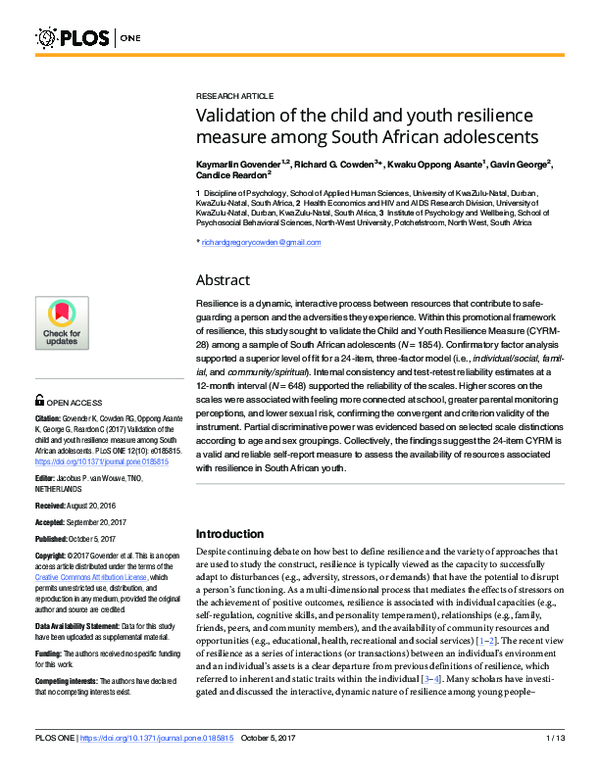 (PDF) Validation of the Child and Youth Resilience Measure among South ...