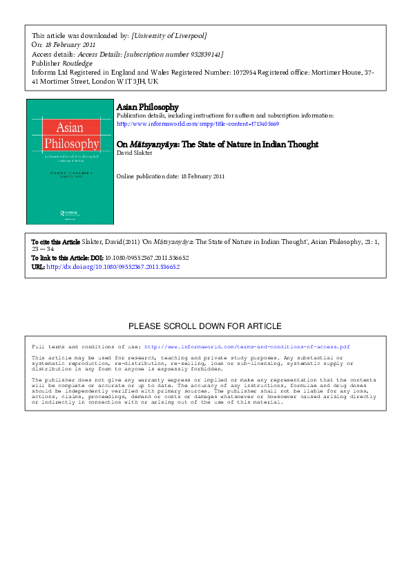 (PDF) On Matsyanyaya The State of Nature in Indian Thought David