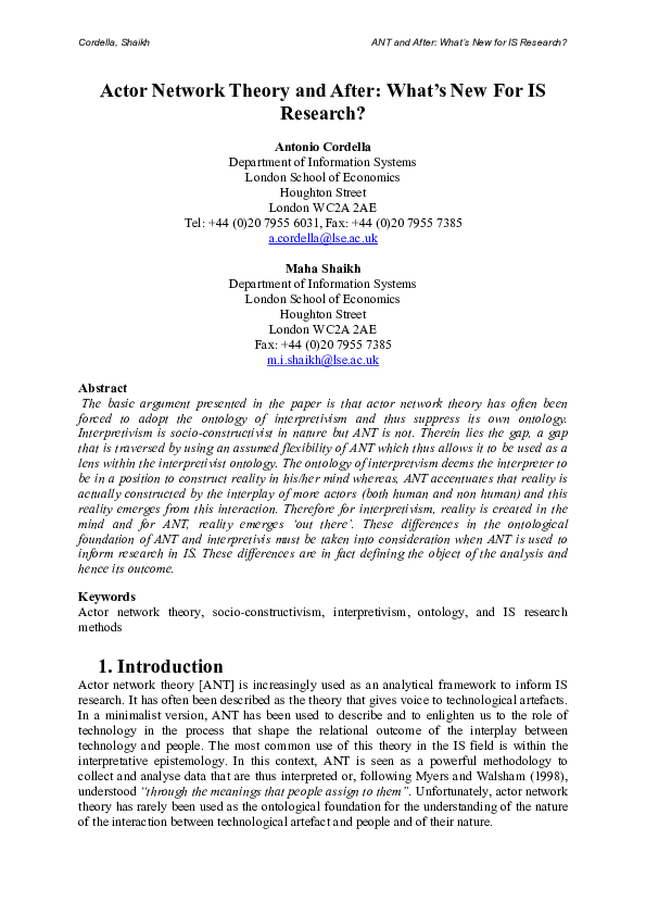 (PDF) Actor network theory and after: what's new for IS research?