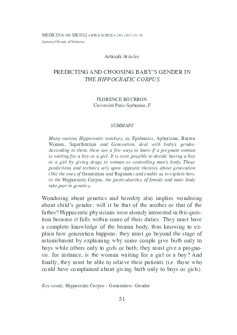 (PDF) PREDICTING AND CHOOSING BABY’S GENDER IN THE HIPPOCRATIC CORPUS