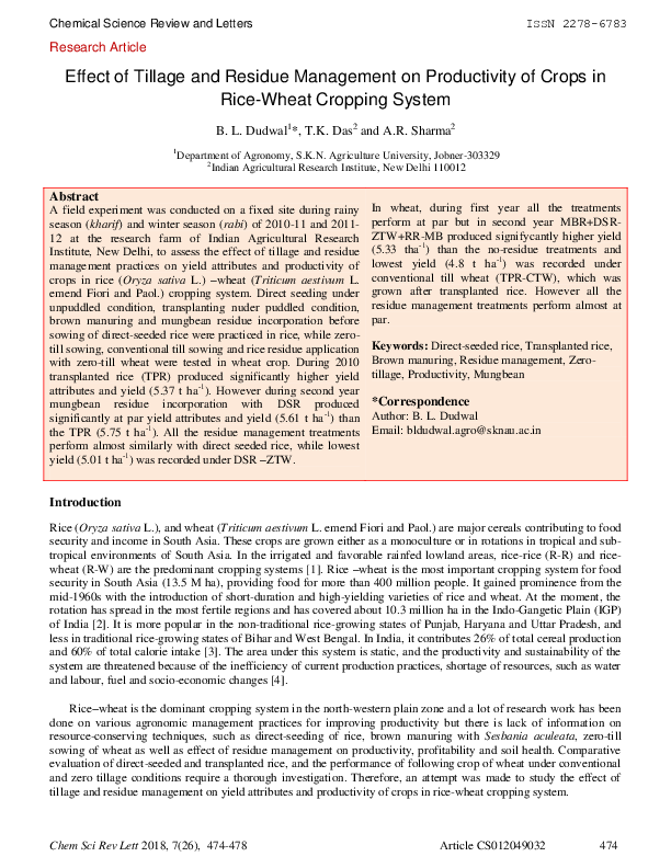 (PDF) Effect of Tillage and Residue Management on Productivity of Crops ...