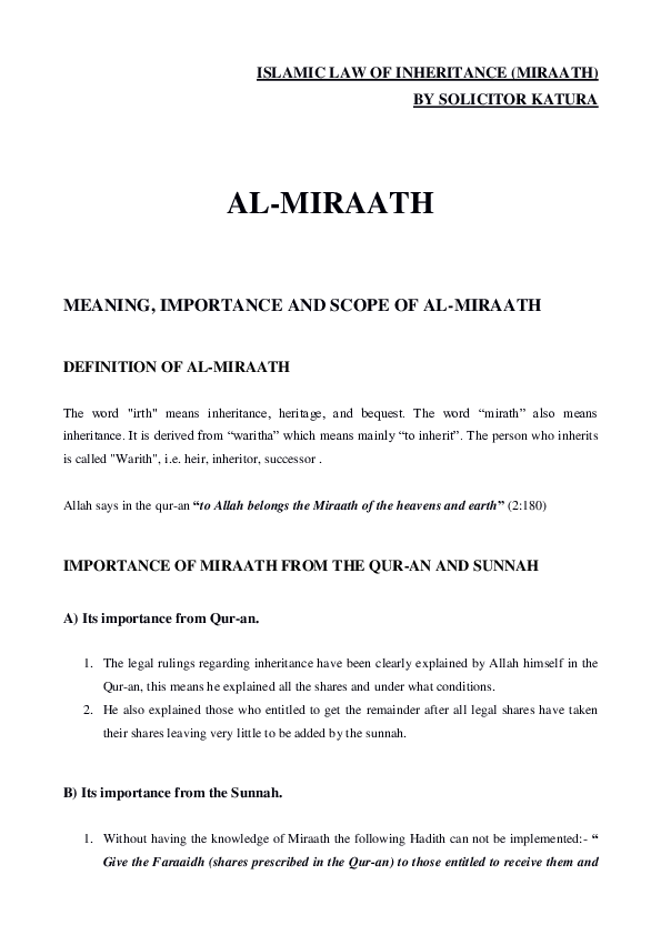 (DOC) ISLAMIC LAW OF INHERITANCE (MIRAATH) - BY SOLICITOR KATURA