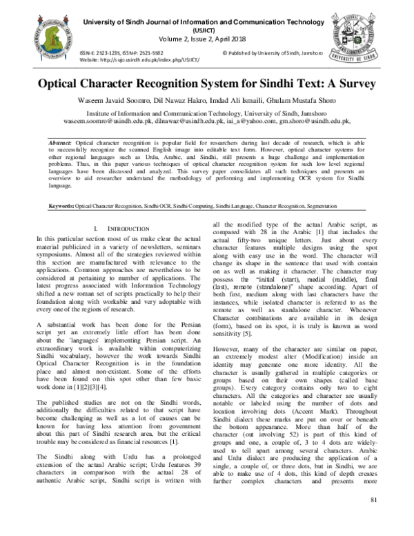 (PDF) Optical Character Recognition System for Sindhi Text: A Survey