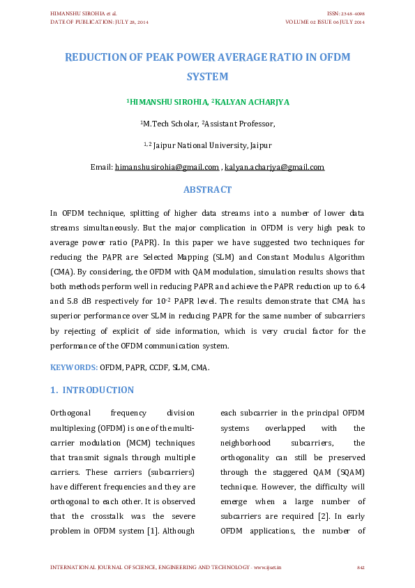 (PDF) REDUCTION OF PEAK POWER AVERAGE RATIO IN OFDM SYSTEM 1 HIMANSHU ...