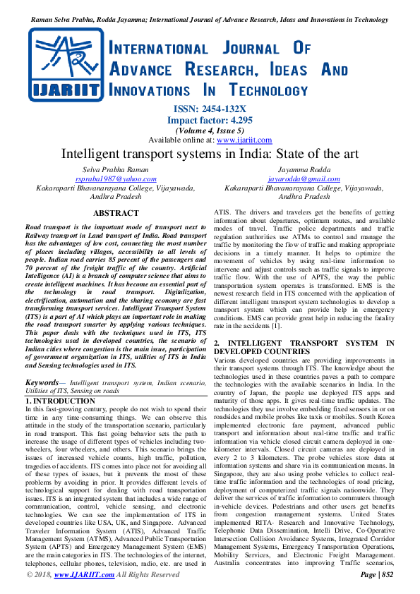 (PDF) Intelligent transport systems in India: State of the art