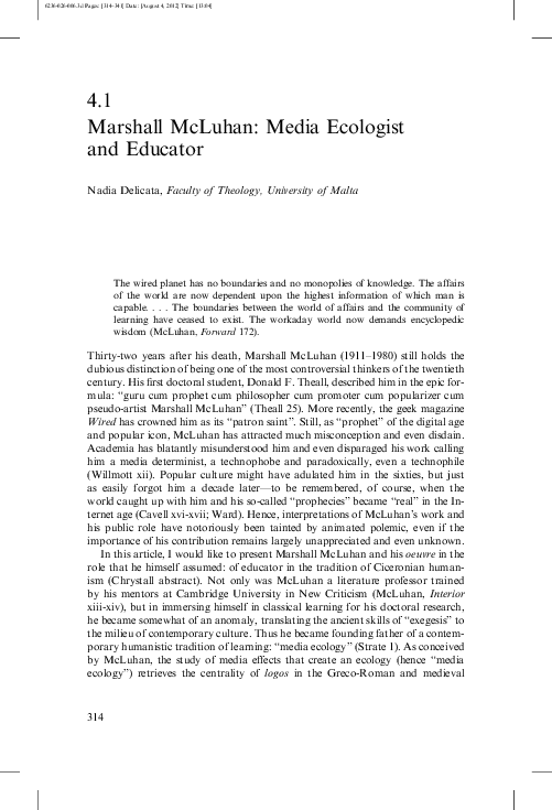 Marshall McLuhan: Media Ecologist and Educator