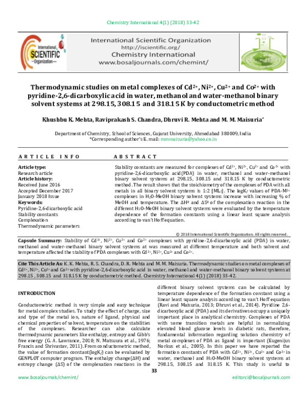 (PDF) Thermodynamic studies on metal complexes of Cd2+, Ni2+, Cu2+ and ...