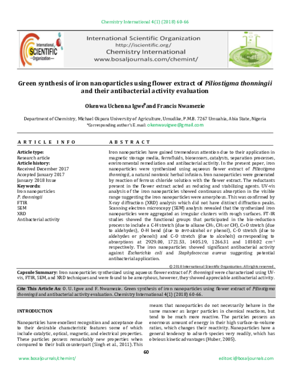 (PDF) Green synthesis of iron nanoparticles using flower extract of ...