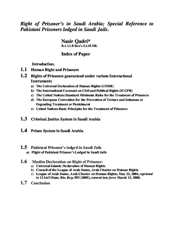 Doc Right Of Prisoner S In Saudi Arabia Special Reference To Pakistani Prisoners Lodged In Saudi Jails Index Of Paper Nasir Qadri Academia Edu