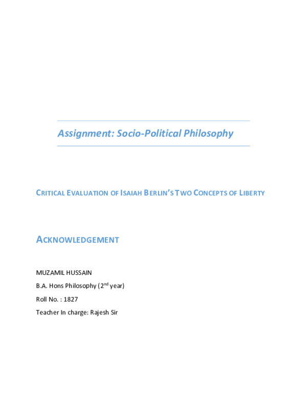 (PDF) CRITICAL EVALUATION OF ISAIAH BERLIN'S TWO CONCEPTS OF LIBERTY