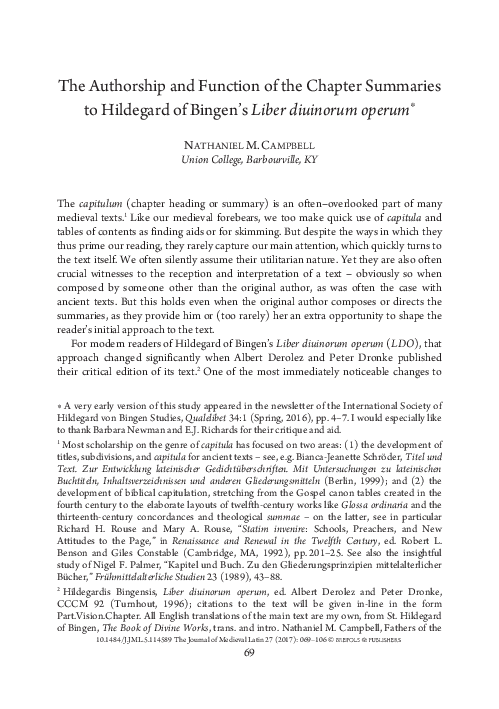 The Authorship and Function of the Chapter Summaries to Hildegard of Bingen’s Liber diuinorum operum