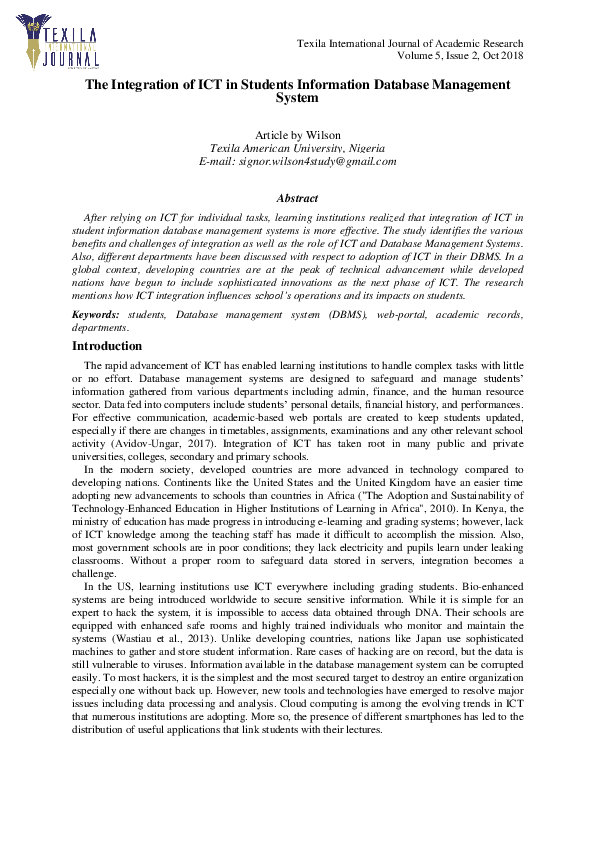  doc the integration of ict in students information database
