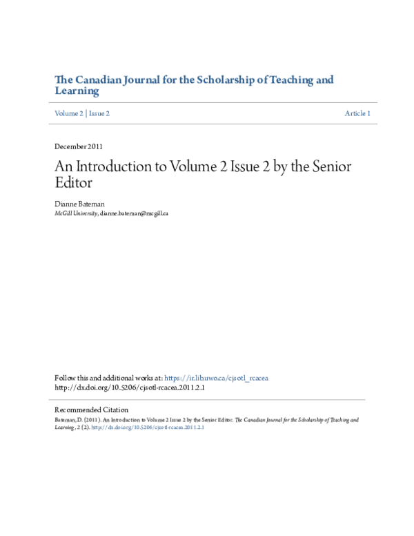 (PDF) An Introduction to Volume 2 Issue 2 by the Senior Editor Dianne