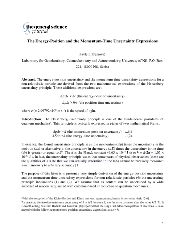 (PDF) The Energy-Position and the Momentum-Time Uncertainty Expressions