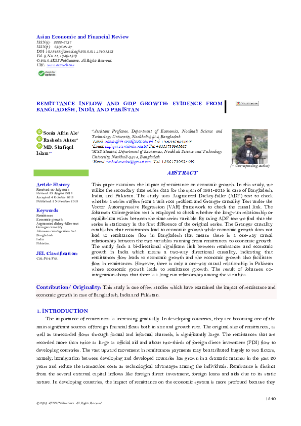 (PDF) REMITTANCE INFLOW AND GDP GROWTH: EVIDENCE FROM BANGLADESH, INDIA ...