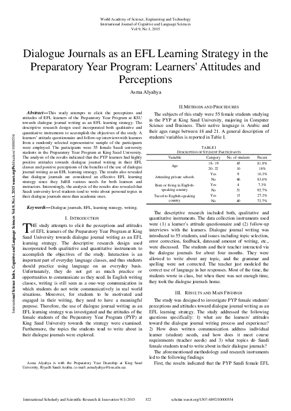 (PDF) Dialogue Journals as an EFL Learning Strategy in the Preparatory ...