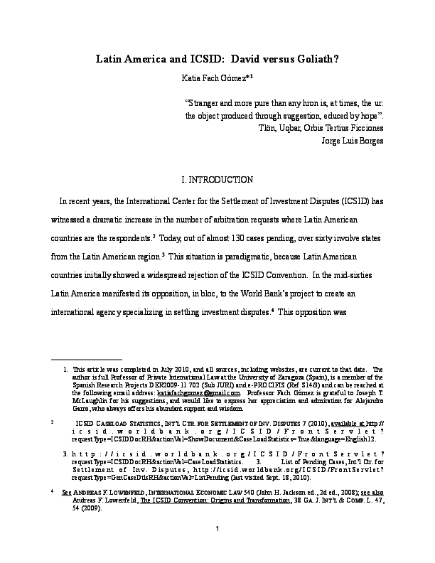 First page of “Latin America and ICSID: David versus Goliath?”