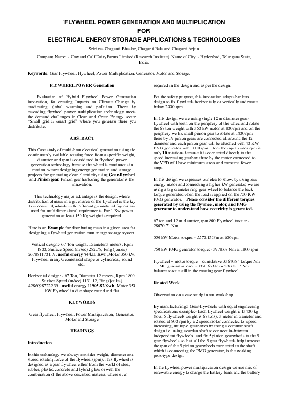 (PDF) `FLYWHEEL POWER GENERATION AND MULTIPLICATION FOR ELECTRICAL