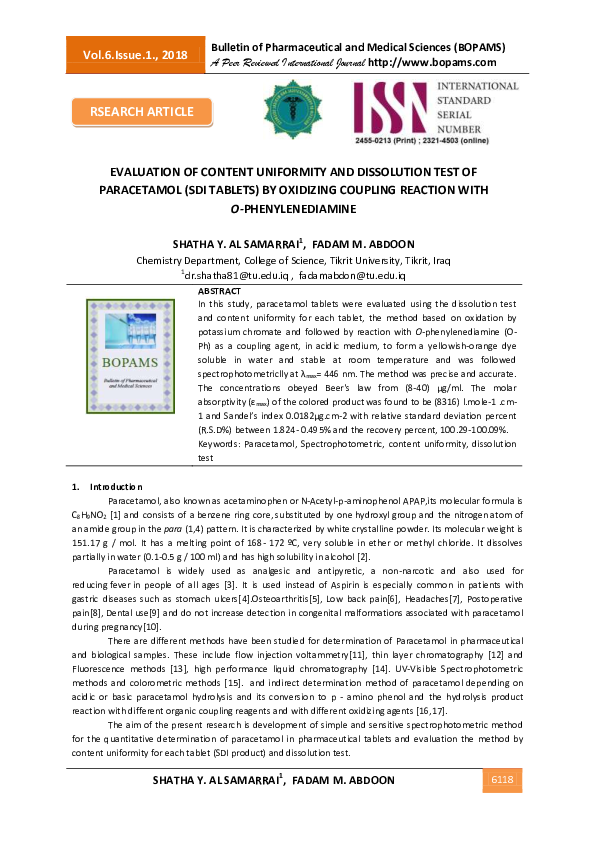 (PDF) EVALUATION OF CONTENT UNIFORMITY AND DISSOLUTION TEST OF