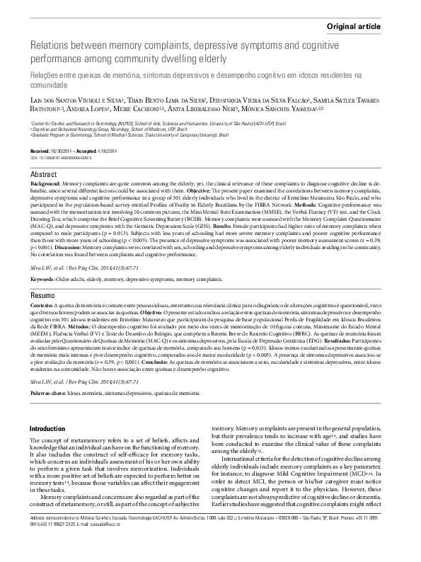 (PDF) Relations between memory complaints, depressive symptoms and ...