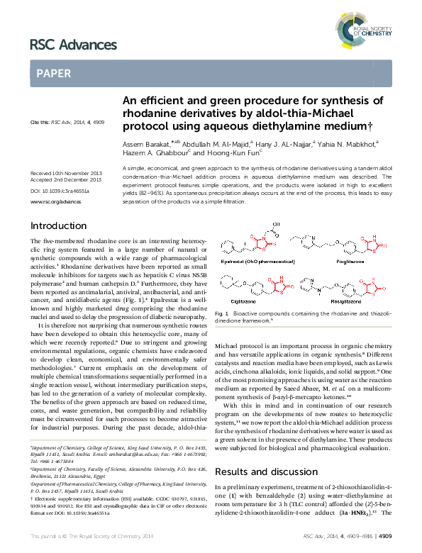 (PDF) An efficient and green procedure for synthesis of rhodanine ...
