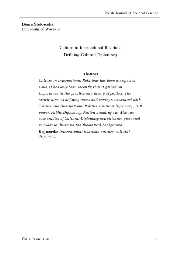 (PDF) Culture in International Relations - Defining Cultural Diplomacy