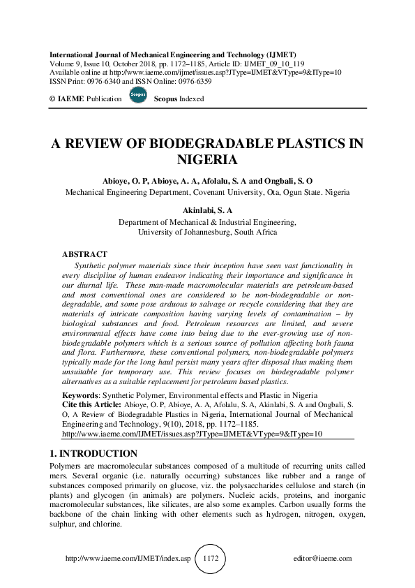 (PDF) A REVIEW OF BIODEGRADABLE PLASTICS IN NIGERIA S.A. Afolalu