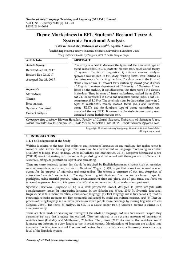 (PDF) Theme Markedness in EFL Students' Recount Texts A Systemic