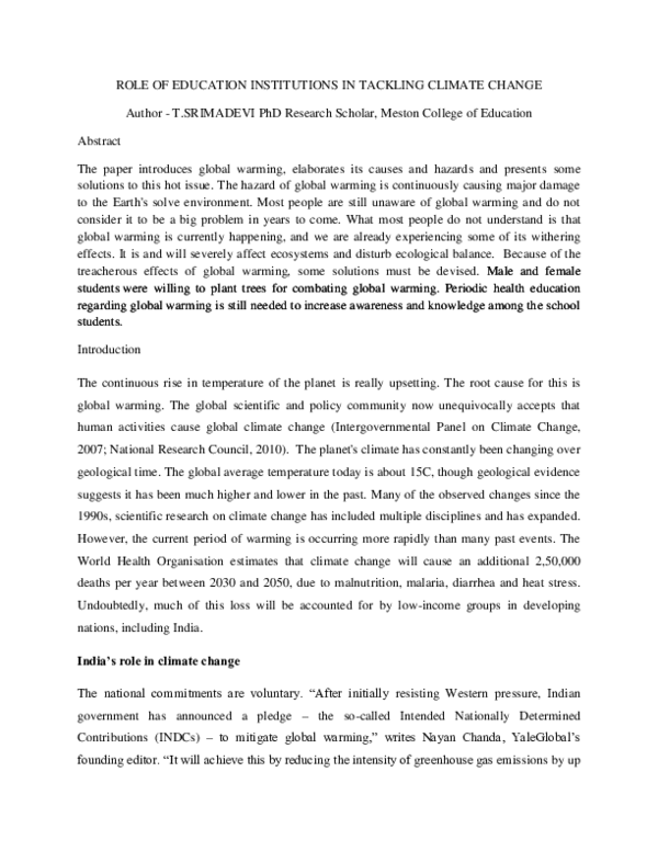 (DOC) ROLE OF EDUCATION INSTITUTIONS IN TACKLING CLIMATE CHANGE