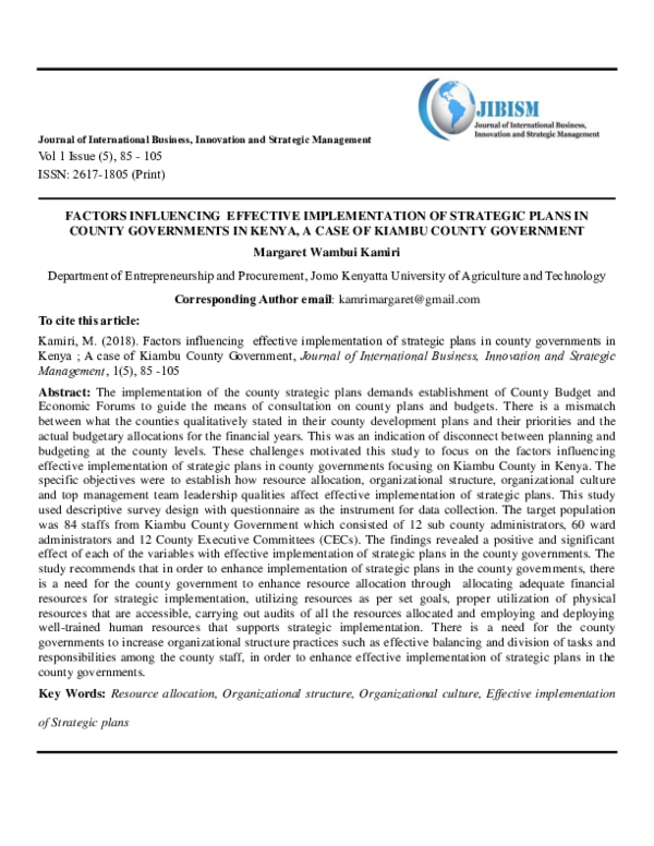(PDF) FACTORS INFLUENCING EFFECTIVE IMPLEMENTATION OF STRATEGIC PLANS ...