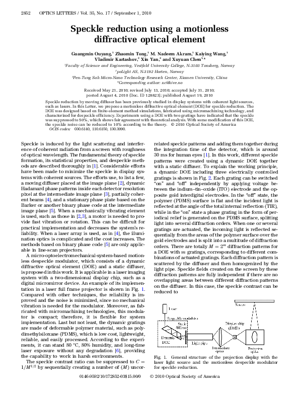  pdf speckle reduction using a motionless diffractive optical element