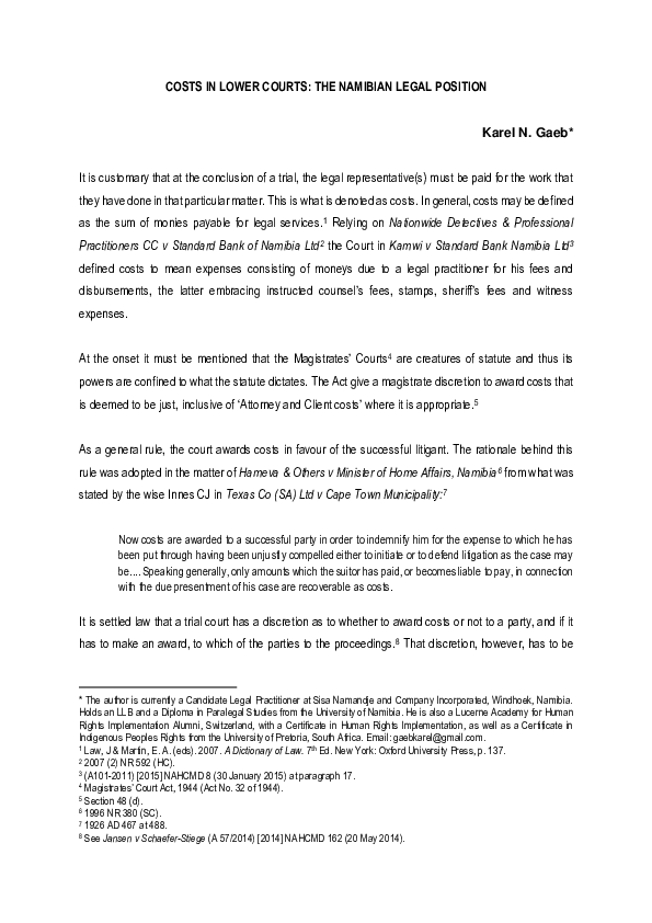 (PDF) COSTS IN LOWER COURTS THE NAMIBIAN LEGAL POSITION karel gaeb