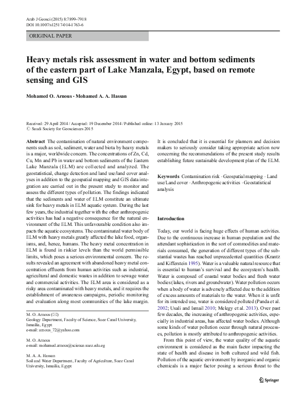 (PDF) Heavy metals risk assessment in water and bottom sediments of the ...