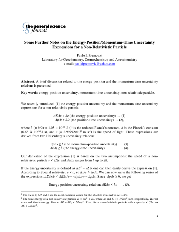 (PDF) Some Further Notes on the Energy-Position/Momentum-Time ...