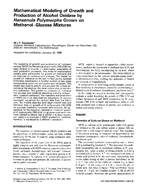 (PDF) Mathematical modeling of growth and production of alcohol oxidase ...