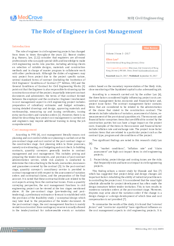(PDF) The Role of Engineer in Cost Management
