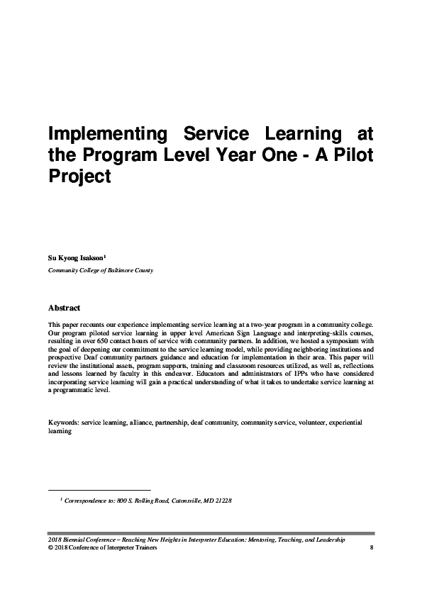 (PDF) Implementing Service Learning at the Program Level Year One -A ...