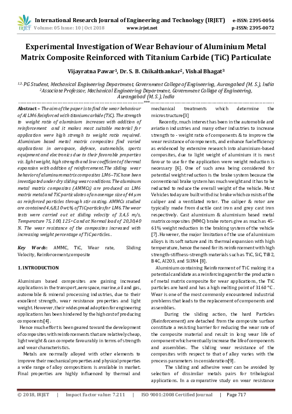 (PDF) IRJET Experimental Investigation of Wear Behaviour of Aluminium Metal Matrix Composite