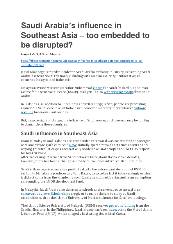 DOC) Saudi Arabia's influence in Southeast Asia u2013 too embedded to 