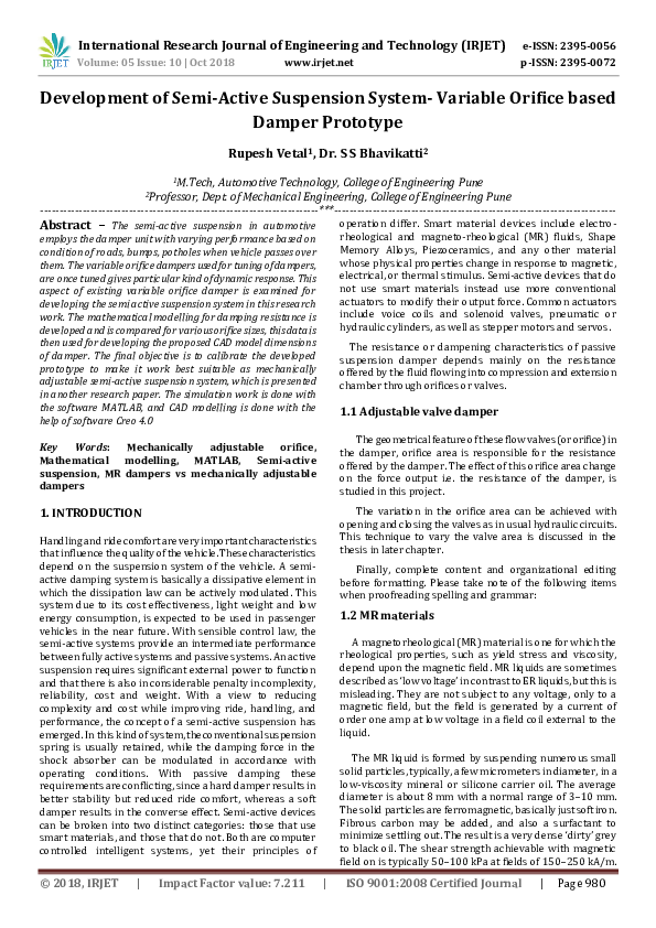(PDF) IRJET Development of SemiActive Suspension SystemVariable